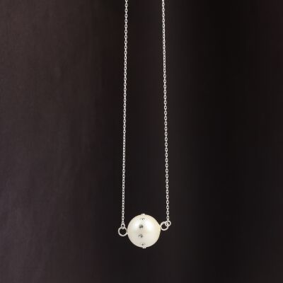 925 Ayar Gümüş 14 mm Beyaz Renk İncili Üzeri Zirkon Taşlı Kolye - 2