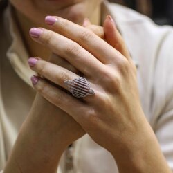 925 Ayar Gümüş Beyaz Taşlı, Beyaz Renk Çizgili Model Yüzük - Nusrettaki