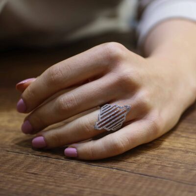 925 Ayar Gümüş Beyaz Taşlı, Beyaz Renk Çizgili Model Yüzük - 3