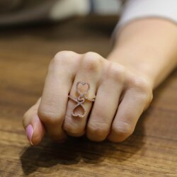 925 Ayar Gümüş Beyaz Taşlı Çiftli Kalp Yüzük - 3