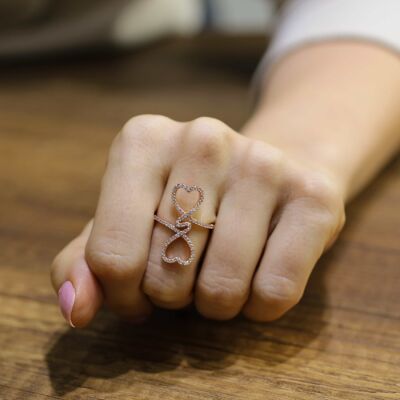 925 Ayar Gümüş Beyaz Taşlı Çiftli Kalp Yüzük - 3