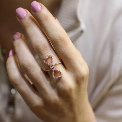 925 Ayar Gümüş Beyaz Taşlı Çiftli Kalp Yüzük - 1