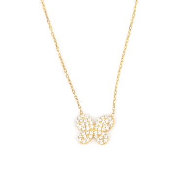 925 Ayar Gümüş Beyaz Taşlı Kelebek Model Kolye - 6