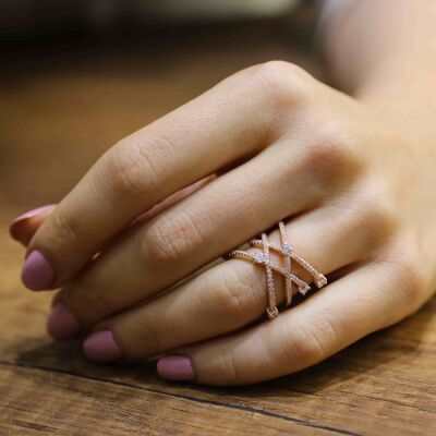 925 Ayar Gümüş Beyaz Zirkon Taşlı X Model Yüzük - 1