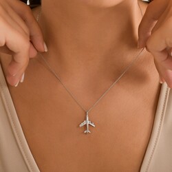 Sterling Silver Boeing Plane Necklace, White Gold Vermeil - Nusrettaki