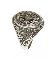 925 Ayar Gümüş Bronz Konstantinapol Tasarım Beyaz Taşlı Yüzük - Thumbnail