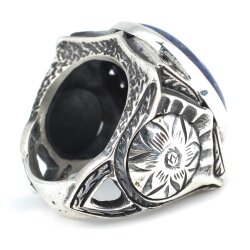 925 Ayar Gümüş Büyük Gerçek Lapis Taşlı El Kalemli Erkek Yüzüğü - 3