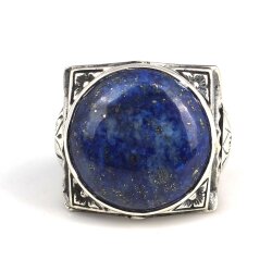 925 Ayar Gümüş Büyük Gerçek Lapis Taşlı El Kalemli Erkek Yüzüğü - 4