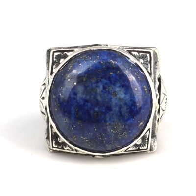 925 Ayar Gümüş Büyük Gerçek Lapis Taşlı El Kalemli Erkek Yüzüğü - 4