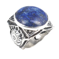 925 Ayar Gümüş Büyük Gerçek Lapis Taşlı El Kalemli Erkek Yüzüğü - 1