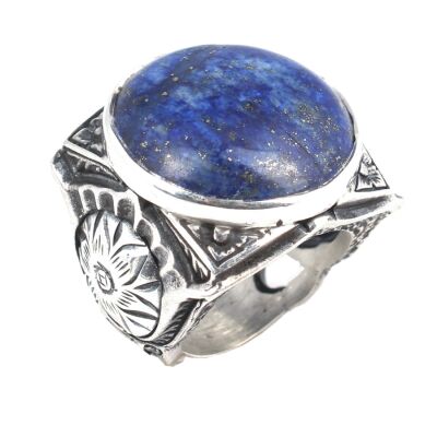 925 Ayar Gümüş Büyük Gerçek Lapis Taşlı El Kalemli Erkek Yüzüğü - 1