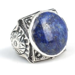 925 Ayar Gümüş Büyük Gerçek Lapis Taşlı El Kalemli Erkek Yüzüğü - 5