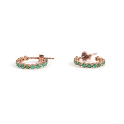 925 Rose Silver Hoop Earrings with Green Zircons - Nusrettaki