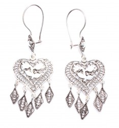 925 Silver Heart Shaped Rose Pattern Dangle Filigree Earrings - Nusrettaki (1)