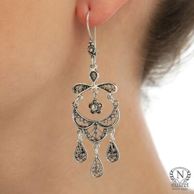 Silver 925 Stylish Gypsy Dangle Filigree Earrings - 1