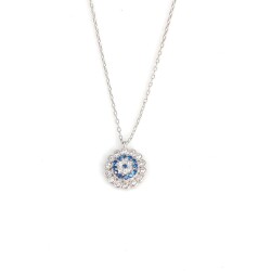 Sterling Silver Necklace, Flower Evil Eye, White Gold Vermeil - Nusrettaki