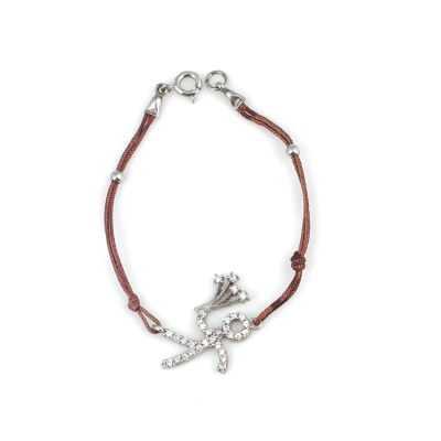 925 Ayar Gümüş Çiçekli Çöp Adam Kahverengi İpli Bileklik - 2