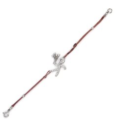 925 Ayar Gümüş Çiçekli Çöp Adam Kahverengi İpli Bileklik - 4