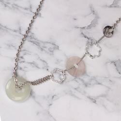 925 Ayar Gümüş Çiçekli Pembe Quartz ve Aytaşı Kolye - 5