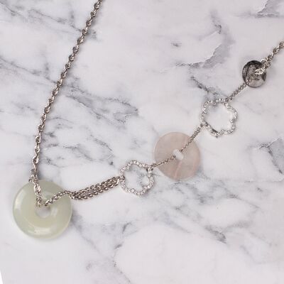 925 Ayar Gümüş Çiçekli Pembe Quartz ve Aytaşı Kolye - 5