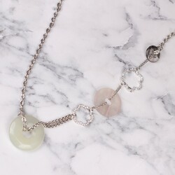 925 Ayar Gümüş Çiçekli Pembe Quartz ve Aytaşı Kolye - 6