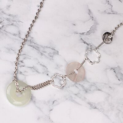 925 Ayar Gümüş Çiçekli Pembe Quartz ve Aytaşı Kolye - 6