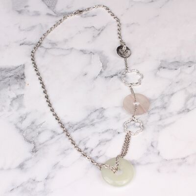 925 Ayar Gümüş Çiçekli Pembe Quartz ve Aytaşı Kolye - 7