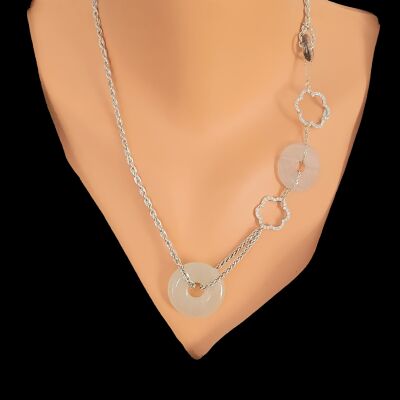 925 Ayar Gümüş Çiçekli Pembe Quartz ve Aytaşı Kolye - 1