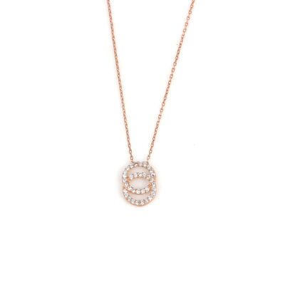 925 Ayar Gümüş Çift Halka Modeli Kolye, Pembe - Beyaz Taş - 2