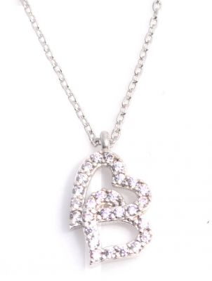 925 Sterling Silver Double Heart Necklace with White CZ - 2