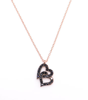 Sterling Silver Love Hearts Necklace with Black CZ - 5