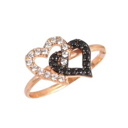925 Sterling Silver Intimate Hearts Ring with White & Black CZ - Nusrettaki