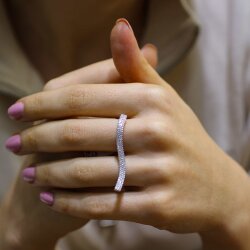 925 Ayar Gümüş Çift Parmak Beyaz Taşlı Nehir Model Yüzük - 3