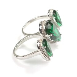 925 Ayar Gümüş Çift Parmak Yüzüğü Damla Zümrüt Üçlü - 5