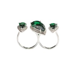 925 Ayar Gümüş Çift Parmak Yüzüğü Damla Zümrüt Üçlü - 6