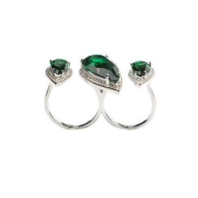 925 Ayar Gümüş Çift Parmak Yüzüğü Damla Zümrüt Üçlü - 6