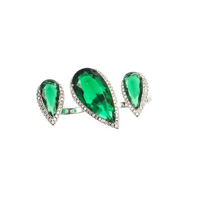 925 Ayar Gümüş Çift Parmak Yüzüğü Damla Zümrüt Üçlü - 7