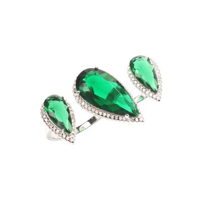 925 Ayar Gümüş Çift Parmak Yüzüğü Damla Zümrüt Üçlü - 8