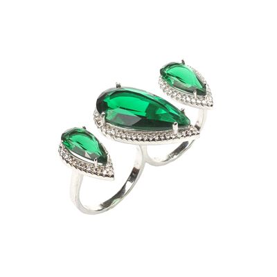 925 Ayar Gümüş Çift Parmak Yüzüğü Damla Zümrüt Üçlü - 2
