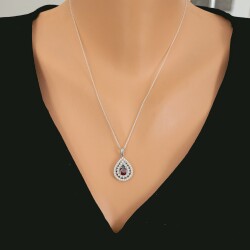 925 Ayar Gümüş Çift Sıra Anturaj Damla Garnet Taşlı Kolye - Nusrettaki