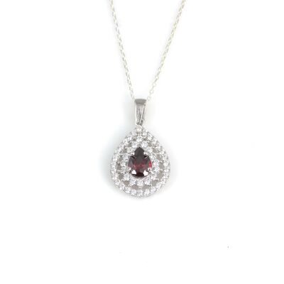 925 Ayar Gümüş Çift Sıra Anturaj Damla Garnet Taşlı Kolye - 3