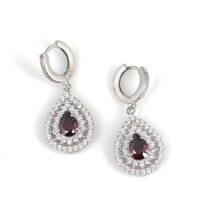 925 Ayar Gümüş Çift Sıra Anturaj Damla Garnet Taşlı Küpe - 1