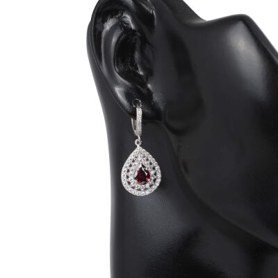 925 Ayar Gümüş Çift Sıra Anturaj Damla Garnet Taşlı Küpe - 2
