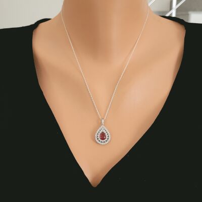 925 Ayar Gümüş Çift Sıra Anturaj Damla Yakut Taşlı Kolye - 1