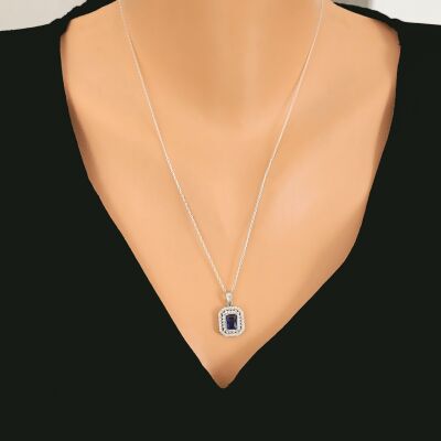 925 Ayar Gümüş Çift Sıra Anturaj Dikdörtgen Safir Taşlı Kolye - 1