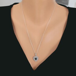 925 Ayar Gümüş Çift Sıra Anturaj Kalp Garnet Taşlı Kolye - Nusrettaki