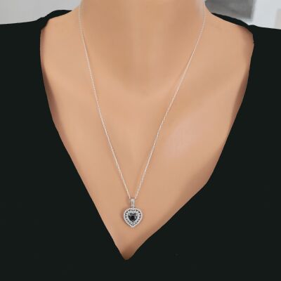 925 Ayar Gümüş Çift Sıra Anturaj Kalp Garnet Taşlı Kolye - 1