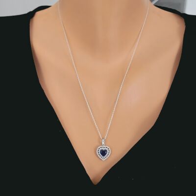925 Ayar Gümüş Çift Sıra Anturaj Kalp Safir Taşlı Kolye - 1