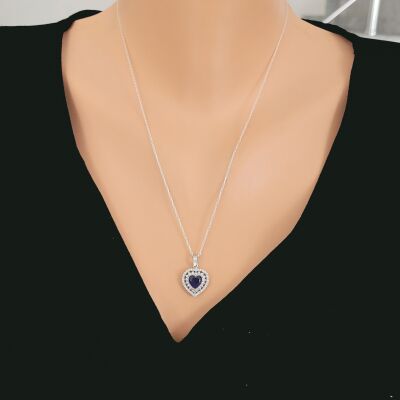 925 Ayar Gümüş Çift Sıra Anturaj Kalp Safir Taşlı Kolye - 2