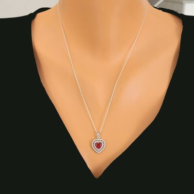 925 Ayar Gümüş Çift Sıra Anturaj Kalp Yakut Taşlı Kolye - 1